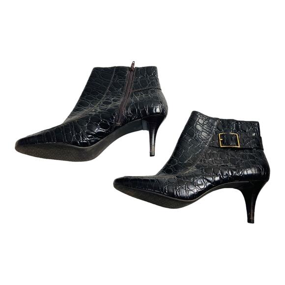 4089 TALBOTS Booties Womens 9.5B Dark Brown Croc Embossed Leather Ankle Chiccore - Picture 3 of 8